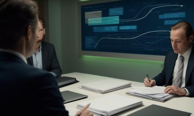 Commercial space lawyer reviewing FAA launch licensing files with mission planners on a wall display