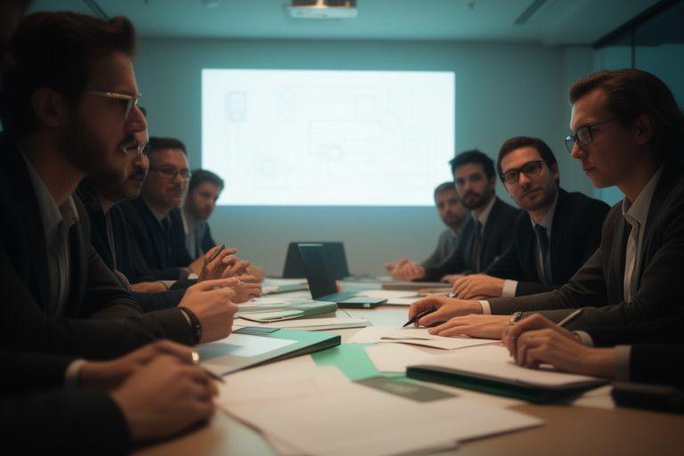 Legal team reviewing satellite patent drawings in a modern meeting room with launch diagrams on a wall screen